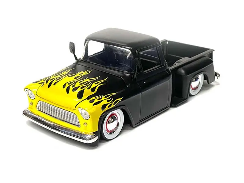 1955 Chevrolet Stepside Truck - Matte Black W/ Yellow Flames (Just Trucks) Diecast 1:24 Scale Model - Jada 34294 1