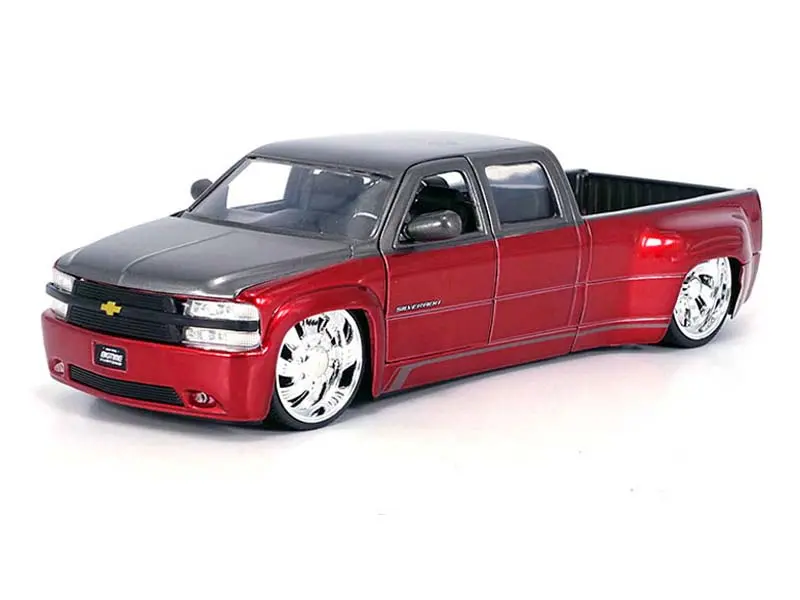 1999 Chevrolet Silverado Dually Custom Kmc Wheels – Two Tone Red Metallic W/ Grey (Bigtime Kustoms) Diecast 1:24 Scale Model - Jada 35590 1