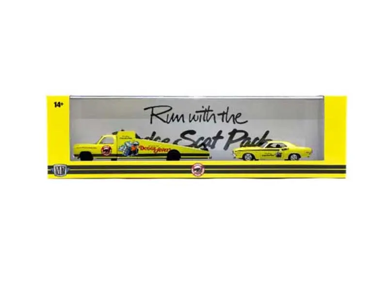 1974 Dodge Ramp Truck Yellow W/ Black Stripes W/ 1971 Dodge Challenger R/T Yellow W/ Black Stripes Diecast 1:64 Scale Model - M2 Machines 36000-88 1