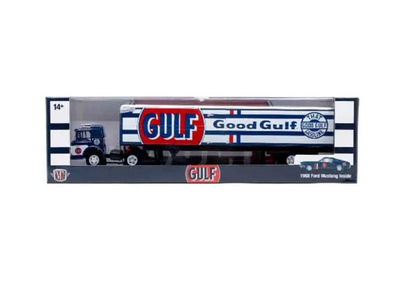 1970 Ford C-600 Transport Truck Blue Metallic W/ 1968 Ford Mustang Blue Metallic Gulf Oil Diecast 1:64 Scale Model - M2 Machines 36000-88 1
