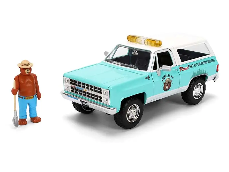 1980 Chevrolet Blazer – Turquoise/White Two-Tone W/ Smokey Bear (Hollywood Rides) Diecast 1:24 Scale Model - Jada 36294 1