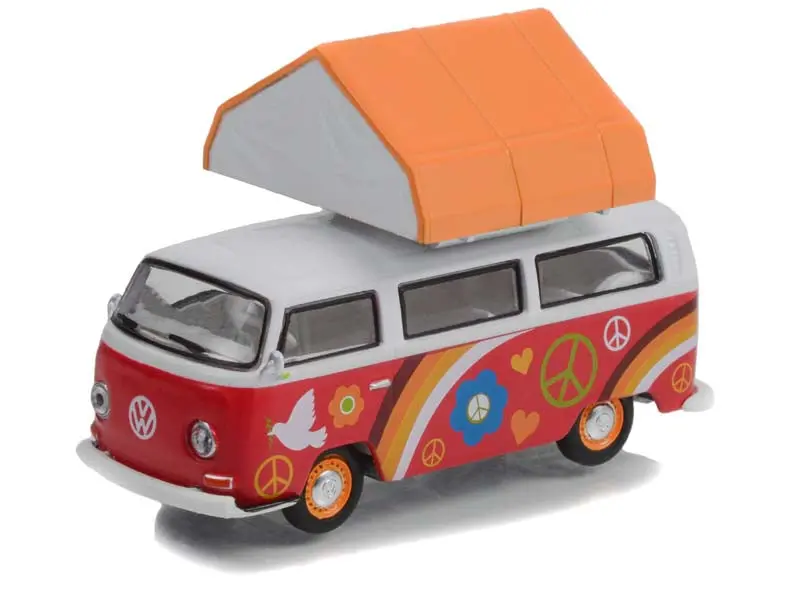 1968 Volkswagen Type 2 Peace & Love W/ Camp'otel Cartop Sleeper Tent (The Great Outdoors Series 2) Diecast 1:64 Scale Model - Greenlight 38030A 1