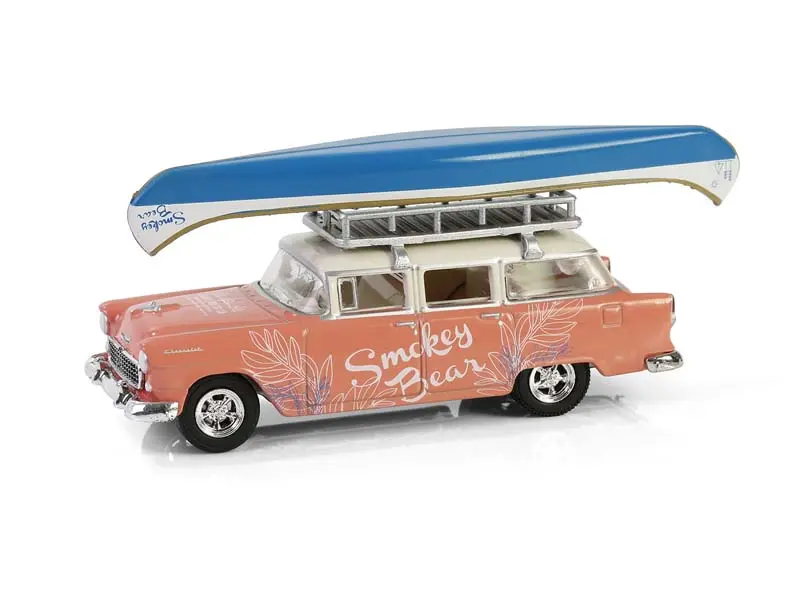 1955 Chevrolet Two-Ten Townsman W/ Roof Rack & Canoe (Smokey Bear Series 4) Diecast 1:64 Scale Model - Greenlight 38070A 1