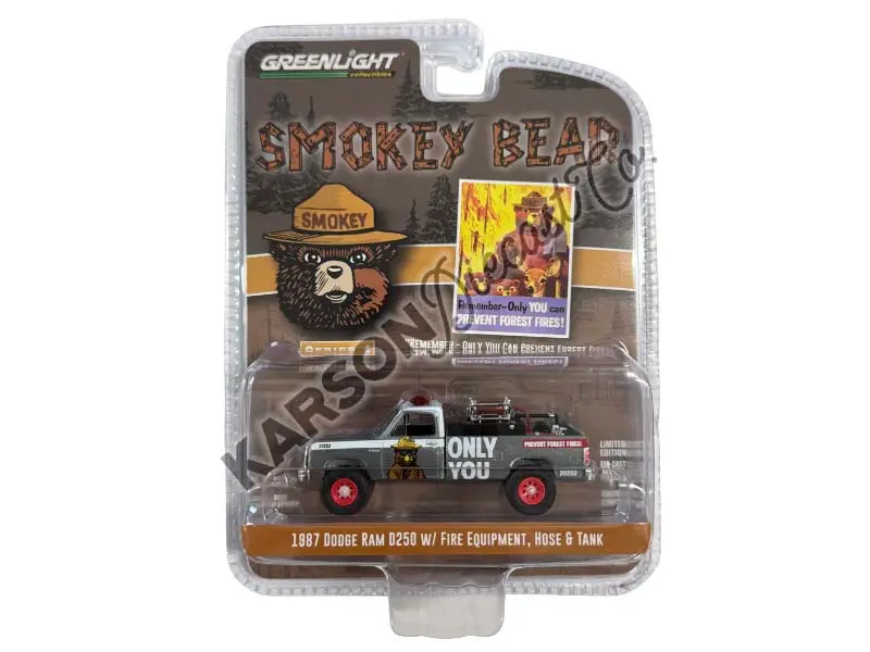Raw Chase 1987 Dodge Ram D250 W/ Fire Equipment, Hose & Tank (Smokey Bear Series 4) Diecast 1:64 Scale Model - Greenlight 38070E 1