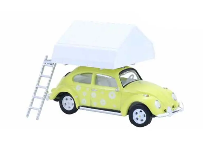 Classic Volkswagen Beetle - Yellow Flower Power W/ Camp'otel Cartop Sleeper Tent (The Great Outdoors Series 4) Diecast 1:64 Scale Model - Greenlight 38080A 1