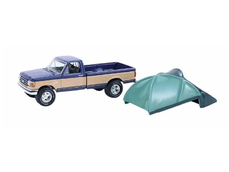 1987 Ford F-150 Xlt Lariat - Dark Blue And Tan W/ Modern Truck Bed Tent (The Great Outdoors Series 4) Diecast 1:64 Scale Model - Greenlight 38080D 1