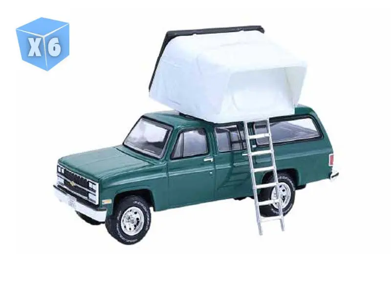 6 Pack 1990 Chevrolet Suburban - Green W/ Modern Rooftop Camper (The Great Outdoors Series 4) Diecast 1:64 Scale Model - Greenlight 38080E 1