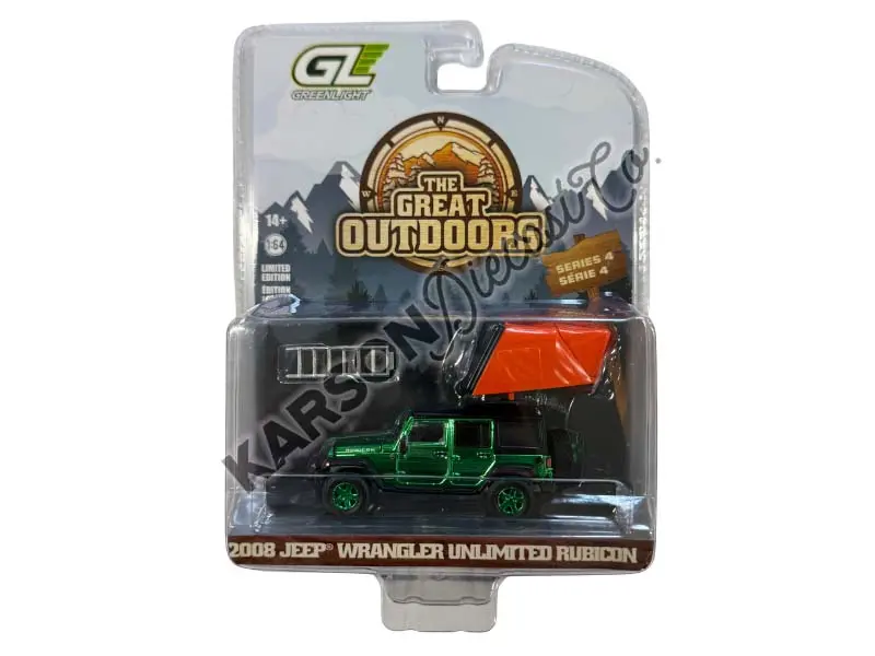 Green Chrome Chase 2008 Jeep Wrangler Unlimited Rubicon - Dark Charcoal W/ Modern Rooftop Camper (The Great Outdoors Series 4) Diecast 1:64 Scale Model - Greenlight 38080F 1