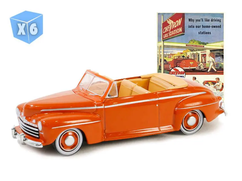 6 Pack 1946 Ford Super Deluxe Convertible – Chevron Supreme (Vintage Ad Cars Series 10) Diecast 1:64 Scale Model - Greenlight 39140A 1