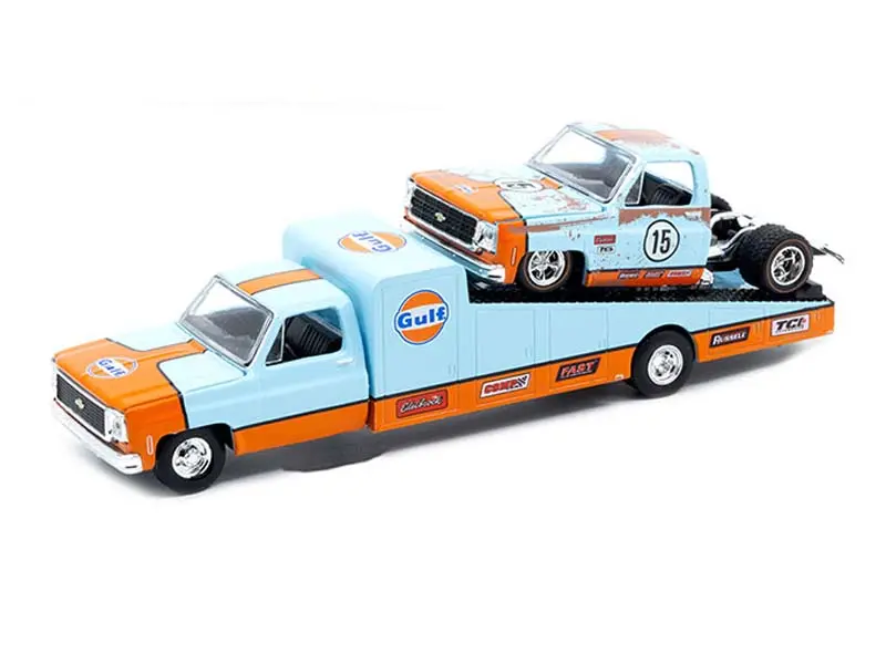 1973 Chevrolet C30 Wedge Truck & 1978 Chevrolet Silverado 10 Bedless Gulf Livery (Auto-Haulers) Diecast 1:64 Scale Model - M2 Machines 39200-Mjs07 1