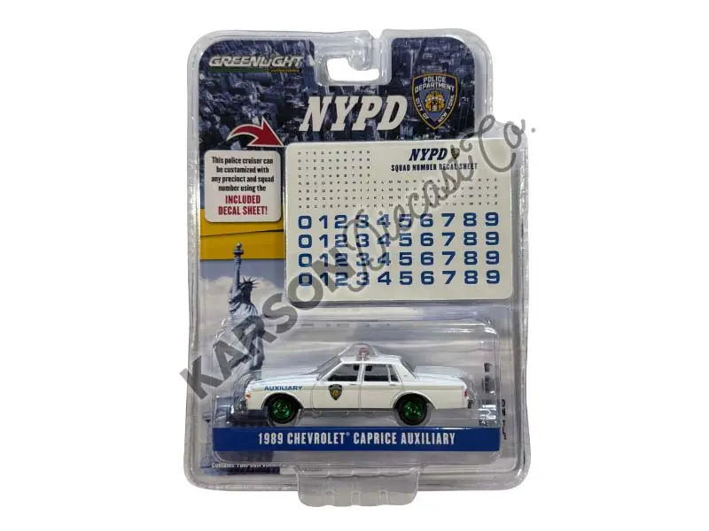 Chase 1989 Chevrolet Caprice - Nypd Auxiliary W/ Nypd Squad Number Decal Sheet Diecast 1:64 Scale Model - Greenlight 42774 1