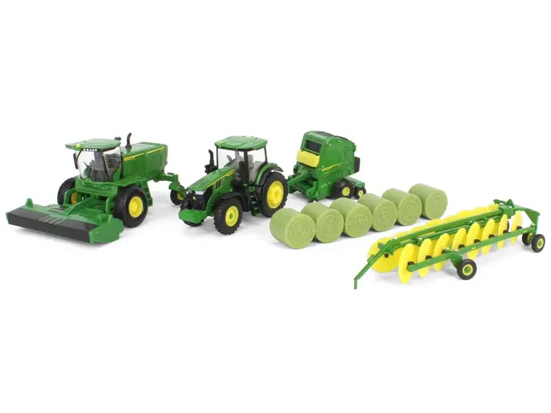 John Deere Haying Set W/ Windrower, Tractor, Hay Rake, Baler & 6 Bales Diecast 1:64 Scale Model - Ertl 45931 1