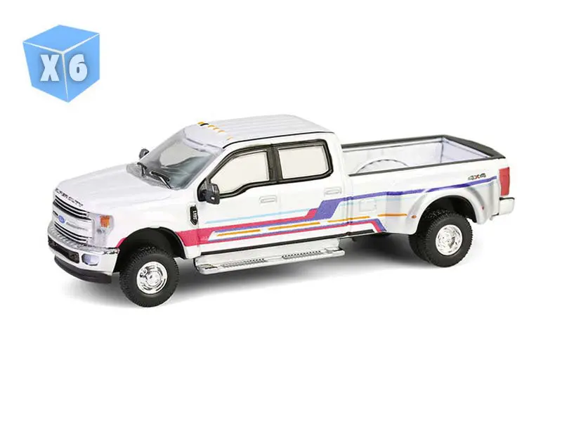 6 Pack 2019 Ford F-350 Lariat Dually - White W/ Custom Stripes (Dually Drivers Series 16) Diecast 1:64 Scale Model - Greenlight 46160D 1