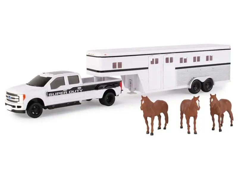 Ford F-350 Super Duty Pickup Truck W/ Gooseneck Horse Trailer & Horses (Big Roads) 1:32 Scale Model - Ertl 46800 1