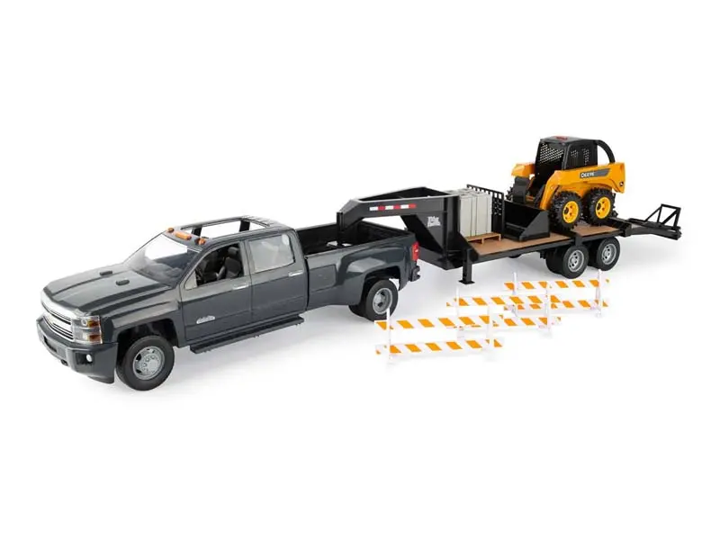 Chevy Dually Quad Cab W/ Gooseneck Trailer And John Deere Skid Steer (Big Farm) 1:16 Scale Model - Ertl 47347 1
