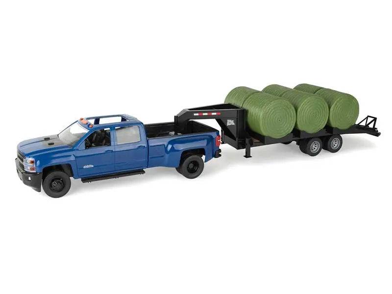 Chevy 3500 High Country Dually Pickup Truck W/ Gooseneck Trailer & 6 Round Bales (Big Farm) 1:16 Scale Model - Ertl 47603 1