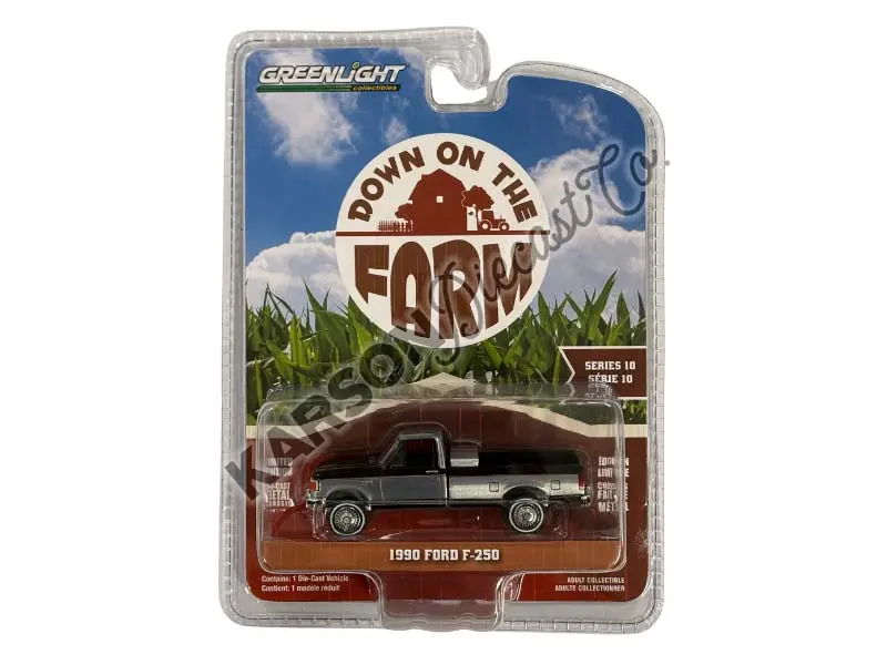 Raw Chase 1990 Ford F-250 W/ Tool Box - Raven Black & Silver Metallic Two-Tone (Down On The Farm Series 10) Diecast 1:64 Scale Model - Greenlight 48100E 1