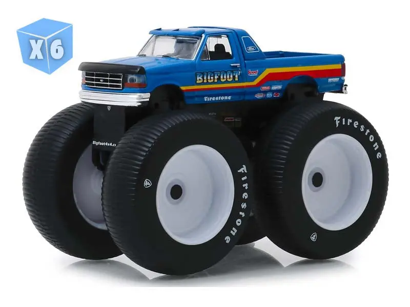 6 Pack 1996 Ford F-250 Monster Truck Bigfoot #7 Metallic Blue W/ Stripes (Kings Of Crunch Series 5) Diecast 1:64 Scale Model - Greenlight 49050F 1