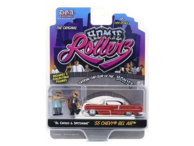 1955 Chevrolet Bel Air W/ El Cholo & Spitshine (Homie Rollerz 2025 Series 1) Diecast 1:64 Scale Model - Greenlight 51640A 1