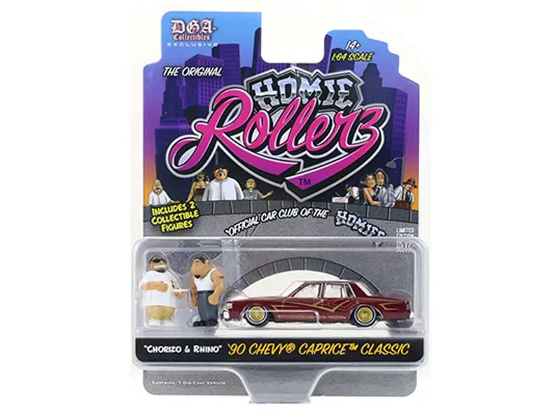 1990 Chevrolet Caprice Classic W/ Chorizo & Rhino (Homie Rollerz 2025 Series 1) Diecast 1:64 Scale Model - Greenlight 51640F 1