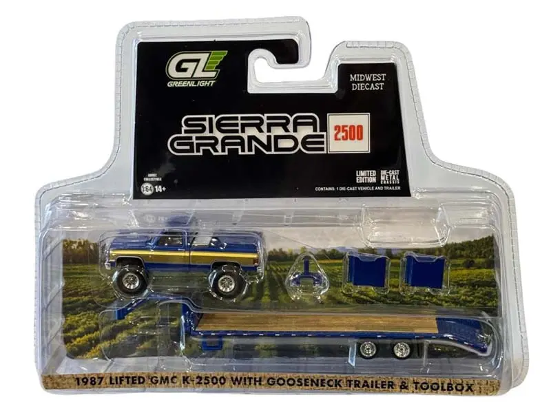 1987 Gmc Sierra K-2500 Lifted W/ Gooseneck Trailer Blue / Gold (Midwest Diecast) Diecast 1:64 Scale Model - Greenlight 51653A 1