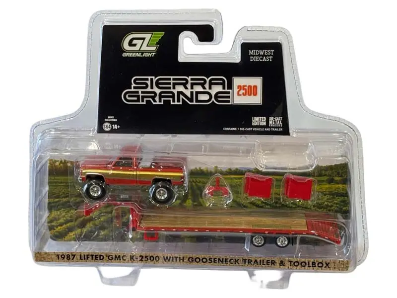 1987 Gmc Sierra K-2500 Lifted W/ Gooseneck Trailer Red / Gold (Midwest Diecast) Diecast 1:64 Scale Model - Greenlight 51653B 1
