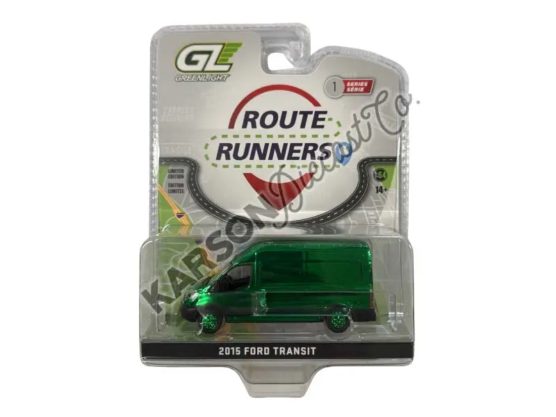 Green Chrome Chase 2015 Ford Transit High Roof Van - Oxford White (Route Runners Series 1) Diecast 1:64 Scale Model - Greenlight 53010A 1