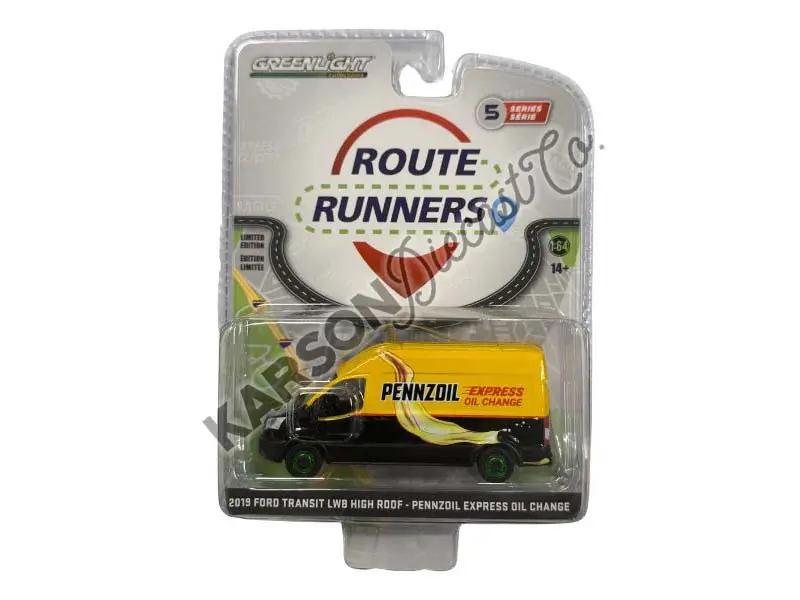 Chase 2019 Ford Transit Lwb High Roof - Pennzoil Express Oil Change (Route Runners Series 5) Diecast 1:64 Scale Model - Greenlight 53050C 1