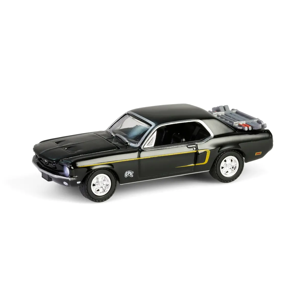 1968 Ford Mustang Coupe W/ Trunk Mounted Ski Rack And Skis - Ski Cliff (Garbage Pail Kids Series 7) Diecast 1:64 Scale Model - Greenlight 54110C 1
