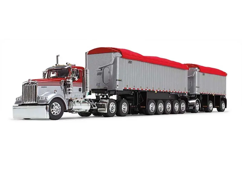 Kenworth W900l Day Cab & East Manufacturing Michigan Series 31' And 20' End Dump Trailers - Viper Red/Silver Diecast 1:64 Scale Model - Dcp 60-1632 1