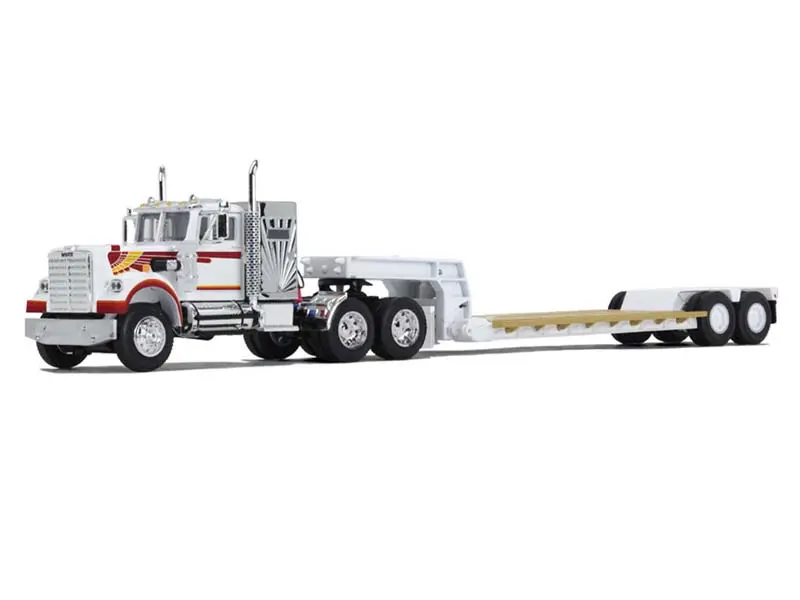 Western Star 4900 W/ 36" Vintage Flat Top Sleeper & Rogers Vintage Lowboy Trailer - White/Orange Diecast 1:64 Scale Model - Dcp 60-1639 1