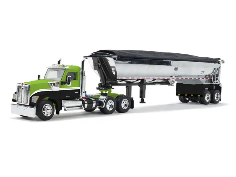 Kenworth W990 Day Cab & Mac Half Round End Dump Trailer - Lime Green/Black Diecast 1:64 Scale Model - Dcp 60-1660 1