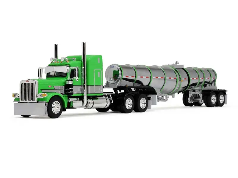 Peterbilt Model 389 W/ 48" Mid-Roof Sleeper In Green, Silver, And Black W/ Polar Deep Drop Trailer Diecast 1:64 Scale Model - Dcp 60-1934 1