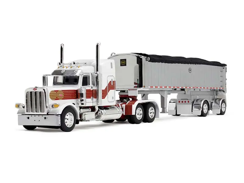Peterbilt Model 389 W/ 48" Mid-Roof Sleeper In White, Red, And Gold W/ Mac Coal End Dump Trailer Diecast 1:64 Scale Model - Dcp 60-1936 1
