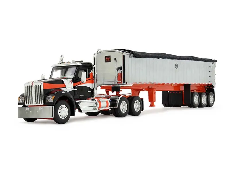 Pre-Order Kenworth W990 Day Cab & Mac Coal End Dump Trailer Black/Orange Diecast 1:64 Scale Model - Dcp 60-2008 1