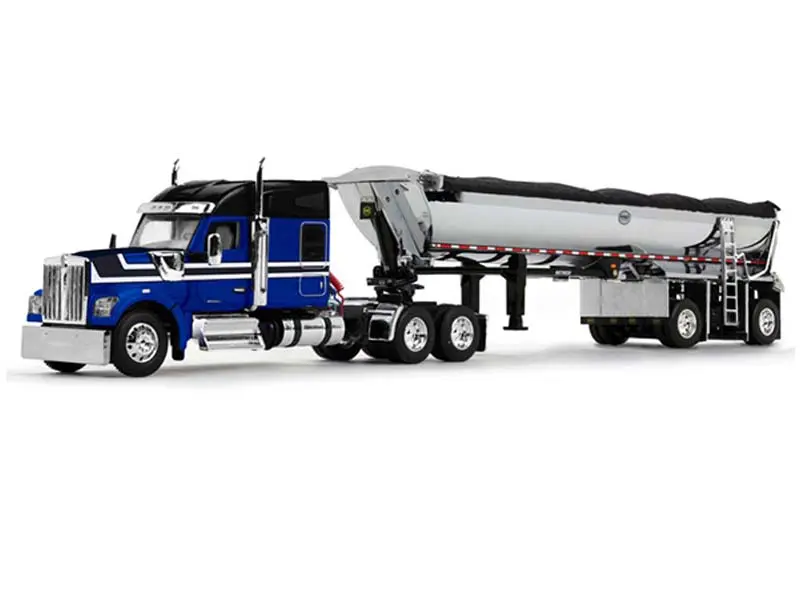 Kenworth W990 W/ 76" Mid-Roof Sleeper In Blue And Black W/ Mac Half Round End Dump Trailer Diecast 1:64 Scale Model - Dcp 60-2009 1
