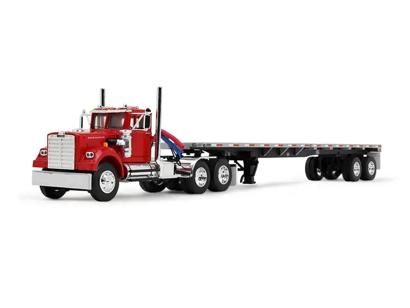 White Western Star 4900 Day Cab W/ 48' Utility Flatbed Trailer - Viper Red Diecast 1:64 Scale Model - Dcp 60-2093 1