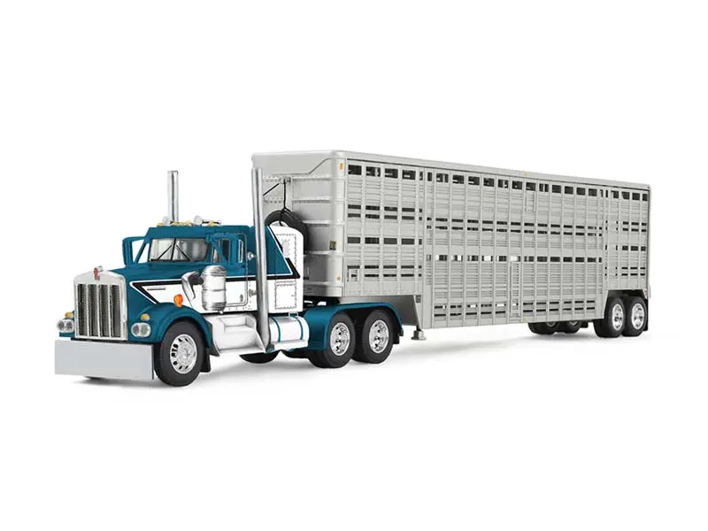Kenworth W900a W/ 36" Sleeper & 45' Wilson Vintage Livestock Trailer Mariner Blue/Silver Diecast 1:64 Scale Model - Dcp 60-2136 1