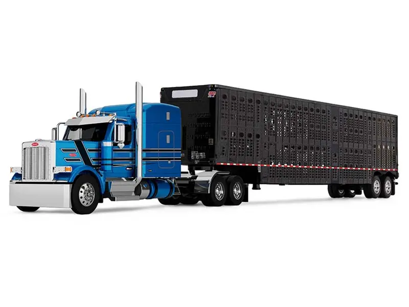 Pre-Order Peterbilt Model 589 W/ 72 Mid-Roof Sleeper W/ Wilson Silverstar Livestock Trailer - Bright Blue W/ Black Stripes Diecast 1:64 Scale Model - Dcp 60-2172 1
