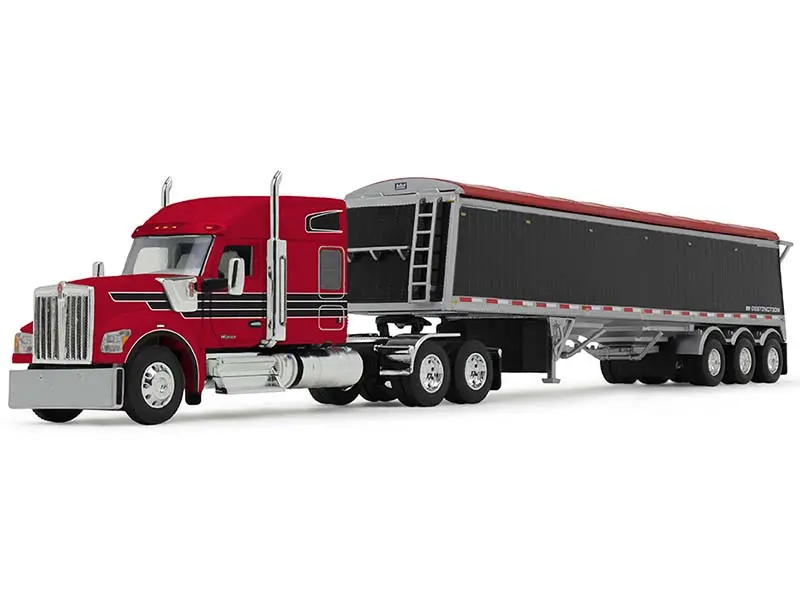 Kenworth W990 - Red And Black W/ 76 Mid-Roof Sleeper And Lode King Distinction Hopper Trailer Diecast 1:64 Scale Model - Dcp 60-2176 1