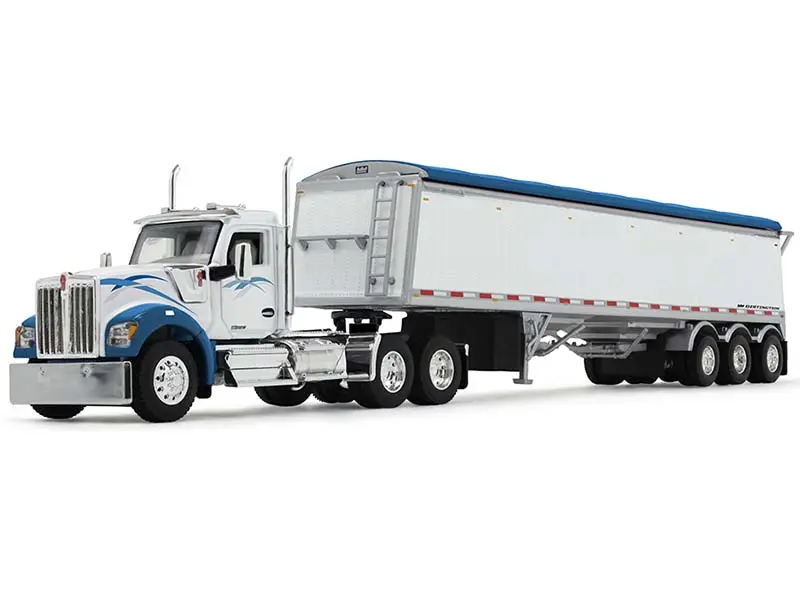 Kenworth W990 Day Cab And Lode King Distinction Hopper Trailer - White And Blue Diecast 1:64 Scale Model - Dcp 60-2177 1