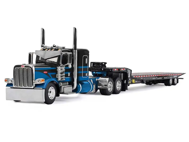 Peterbilt Model 389 W/ Flat Top Sleeper - Blue And Black Hauling Landoll 440B-50Ca Traveling Axle Trailer Diecast 1:64 Scale Model - Dcp 60-2190 1