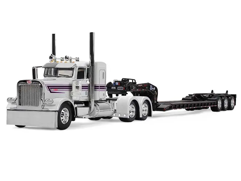 Peterbilt Model 389 W/ Flat Top Sleeper - White And Black Hauling Fontaine Magnitude Lowboy Trailer Diecast 1:64 Scale Model - Dcp 60-2191 1