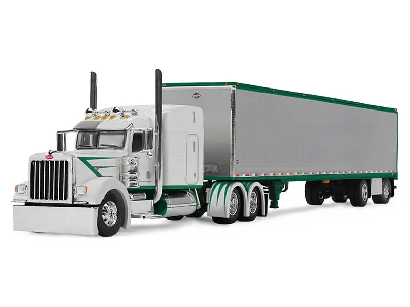 Peterbilt Model 389 W/ Mid-Roof Sleeper - White W/ Green Stripes Hauling Utility Trailer Diecast 1:64 Scale Model - Dcp 60-2192 1