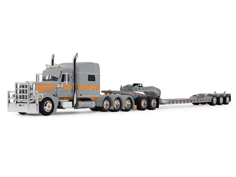 Pre-Order Peterbilt Model 389 W/ 70 Mid-Roof Sleeper And Fontaine Tri-Axle Lowboy Trailer W/ Jeep In Silver (Capitola Trucking) Diecast 1:64 Scale Model - Dcp 60-2286 1
