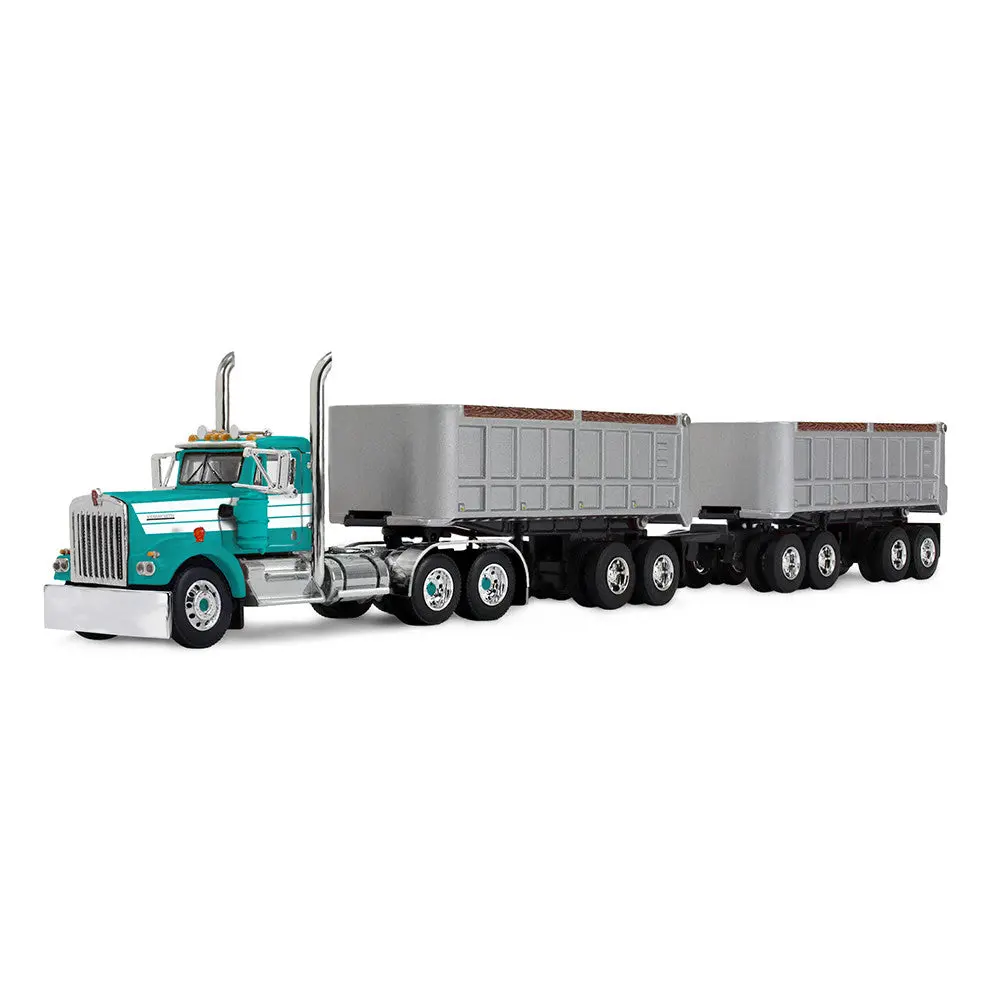 Pre-Order Kenworth W900a Day Cab & 22' Dual End Dump Trailers Turquoise/White Diecast 1:64 Scale Model - Dcp 60-2291 1