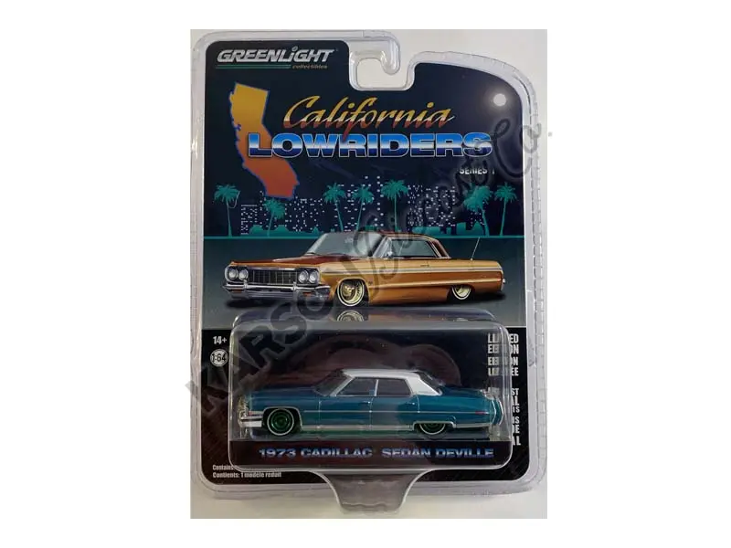 Chase 1973 Cadillac Sedan Deville - Teal W/ White Roof "California Lowriders" Series 1 Diecast 1:64 Scale Model Cars - Greenlight 63010F 1