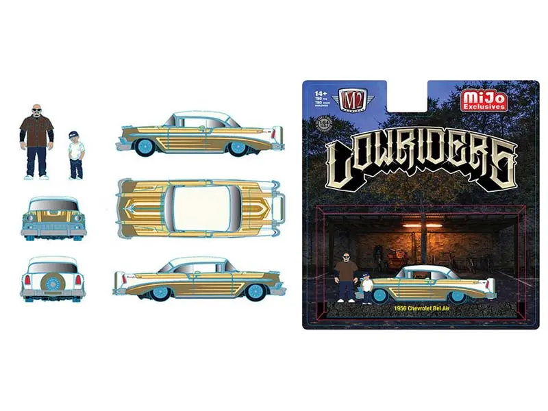 Pre-Order 1956 Chevrolet Bel Air Lowriders W/ 2 Dad & Son Figures – Beige Gold Diecast 1:64 Scale Model - M2 Machines 67500-Mjs03 1