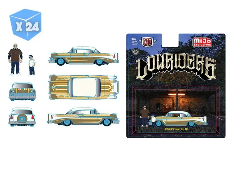 Pre-Order - 24 Pack 1956 Chevrolet Bel Air Lowriders W/ 2 Dad & Son Figures – Beige Gold Diecast 1:64 Scale Model - M2 Machines 67500-Mjs03 1