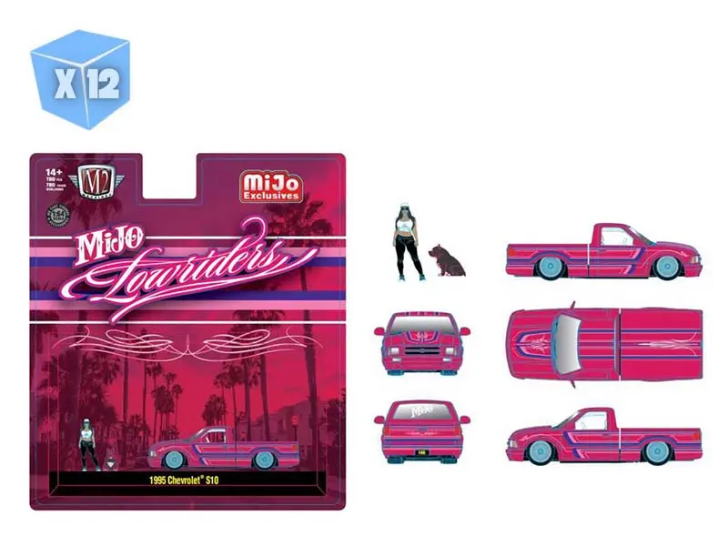 Pre-Order - 12 Pack 1995 Chevrolet S10 Lowriders W/ Girl & Pitbull Dog Figures – Pink Diecast 1:64 Scale Model - M2 Machines 67500-Mjs05 1